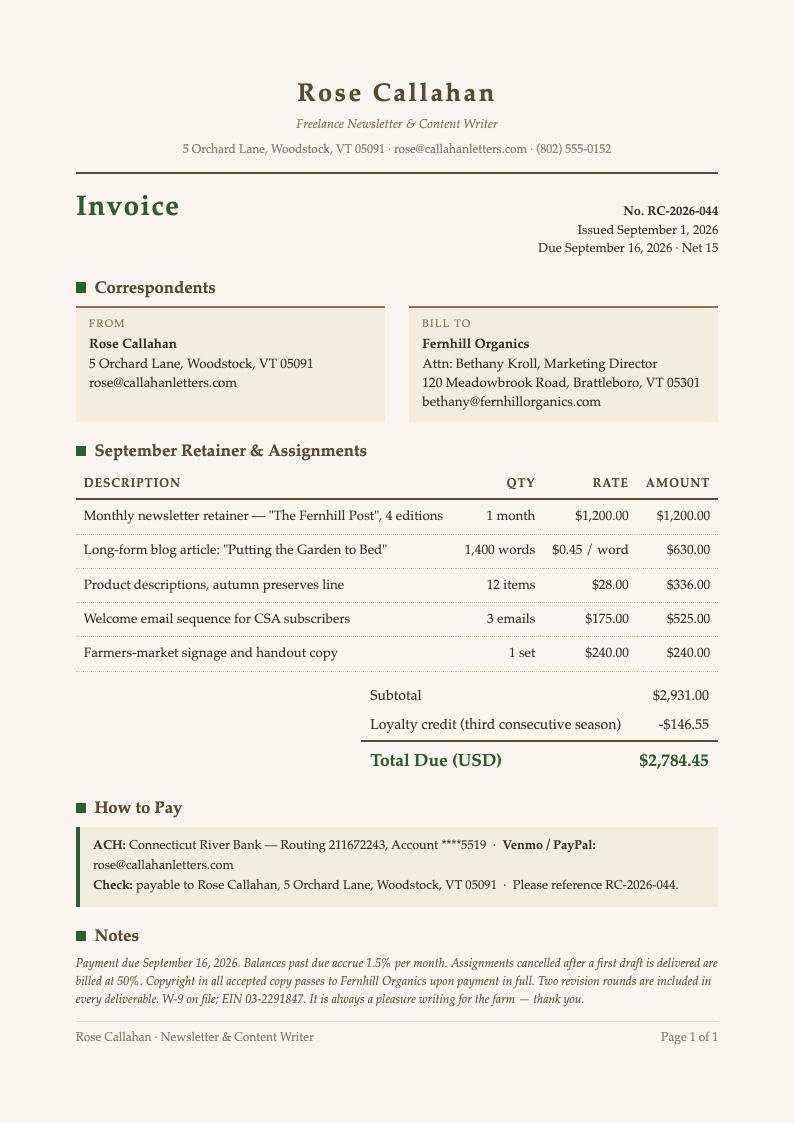 Warm beige freelance writer invoice